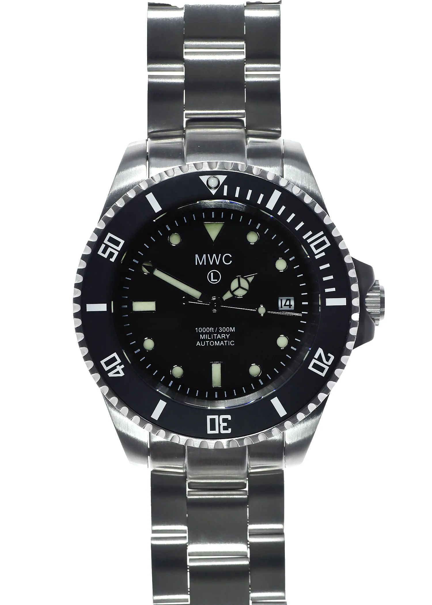 MWC 21 Jewel 300m Military Divers Swiss Automatic Watch Sapphire Crystal Ceramic Bezel Steel Bracelet - Click Image to Close